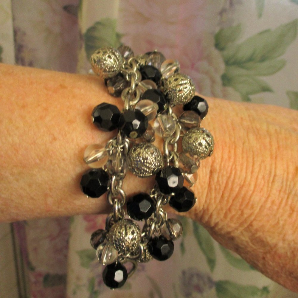 Silver Black Dangle Bead Double Chain Bracelet